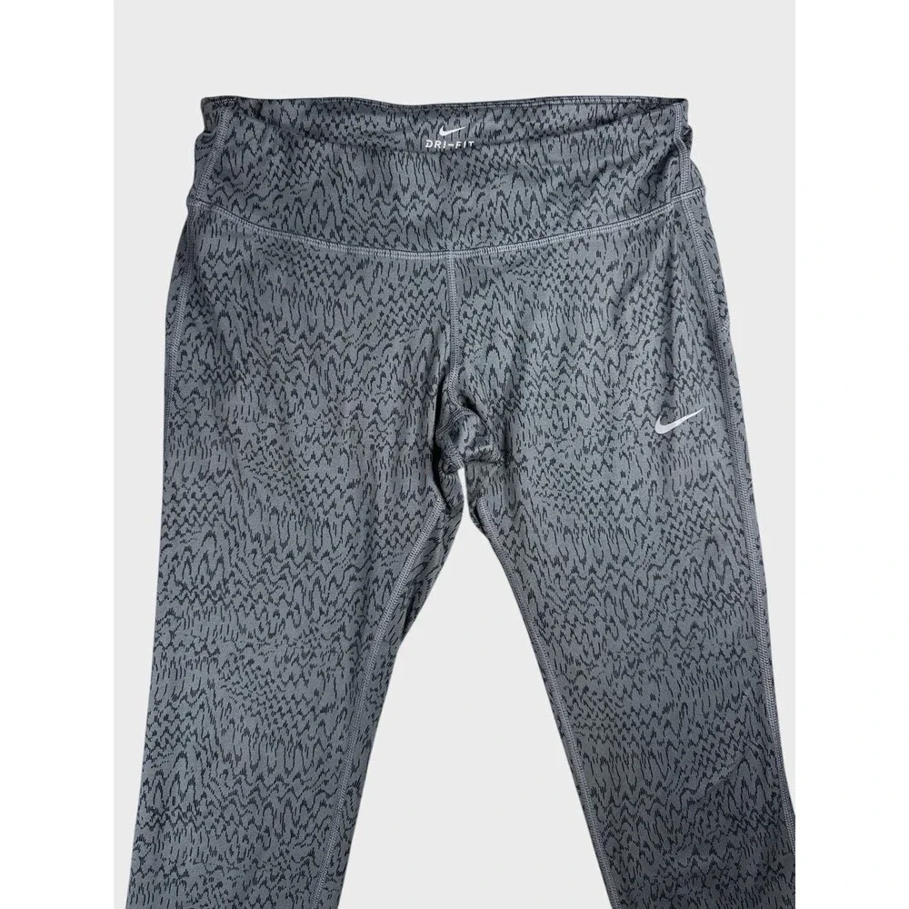 Nike Women's Power Epic Run Crop Printed Leggings Size M Grey Black Media Pocket